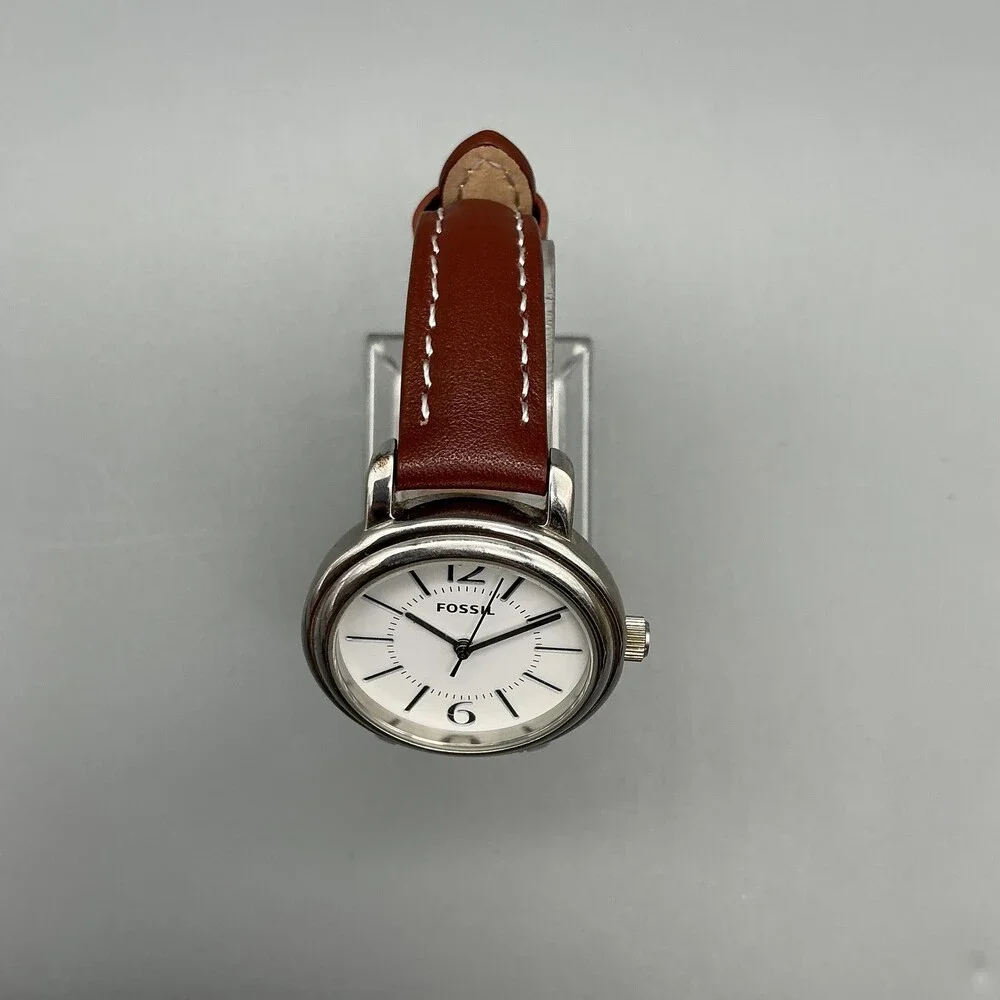 Fossil ES-2108 Womens Watch 32mm Classic White Dial Brown Leather New Battery
